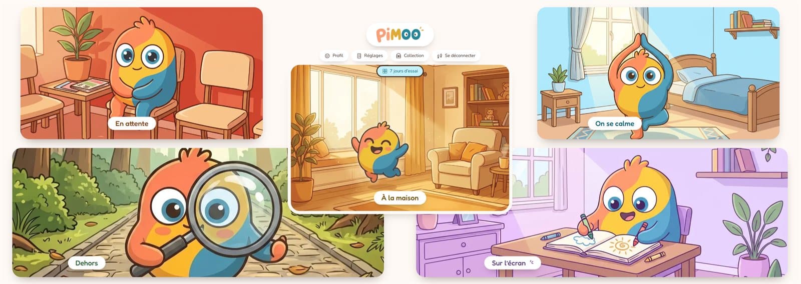 L’écran d’accueil de PIMOO en grand format : les cinq moments de vie disposés autour du logo, En attente, À la maison, Dehors, On se calme et Sur l’écran.